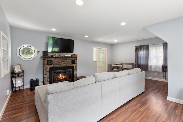 420 Fourth Rd, Wappingers Falls, NY 12590 - living room with dark wood-style floors, a fireplace, baseboards, and recessed lighting