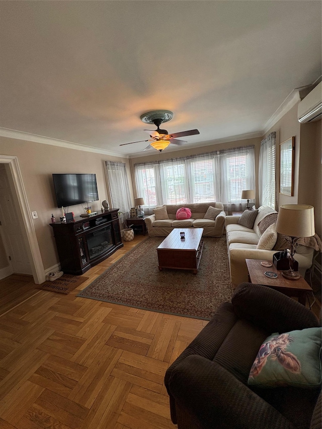 4279 Oneida Ave, Bronx, NY 10470 - living area with plenty of natural light, ceiling fan, crown molding, baseboards, and an AC wall unit