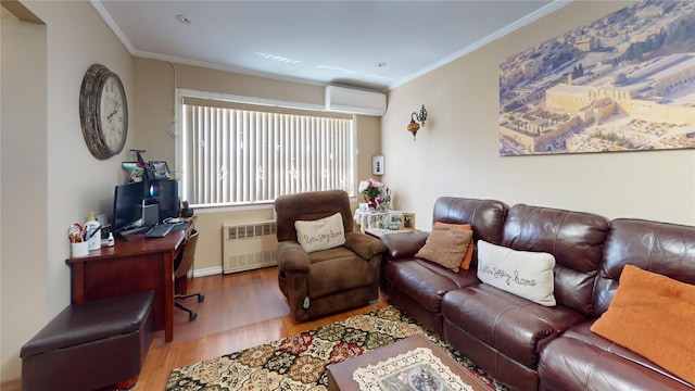 30-33 79th St, East Elmhurst, NY 11370 - living area with a wall mounted AC, wood finished floors, radiator heating unit, crown molding, and an office area