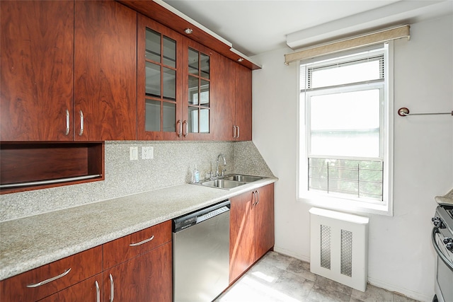 7445 Yellowstone Blvd Unit 5C, Rego Park, NY 11374 - kitchen with stainless steel appliances, a sink, tasteful backsplash, and glass insert cabinets