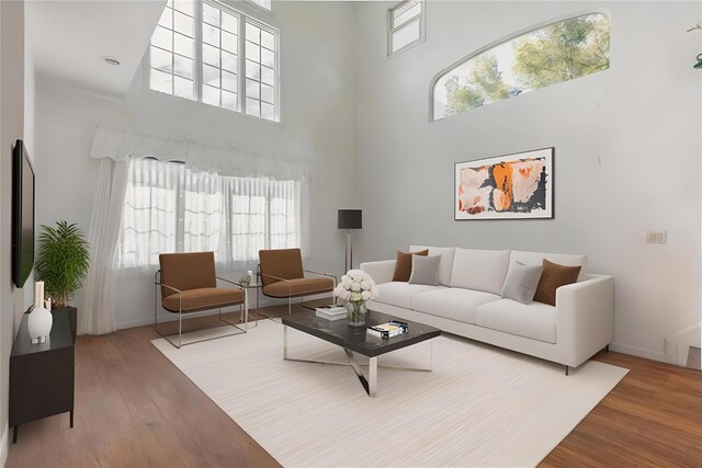 849 E Bay Dr, West Islip, NY 11795 - living area featuring a high ceiling, wood finished floors, and baseboards