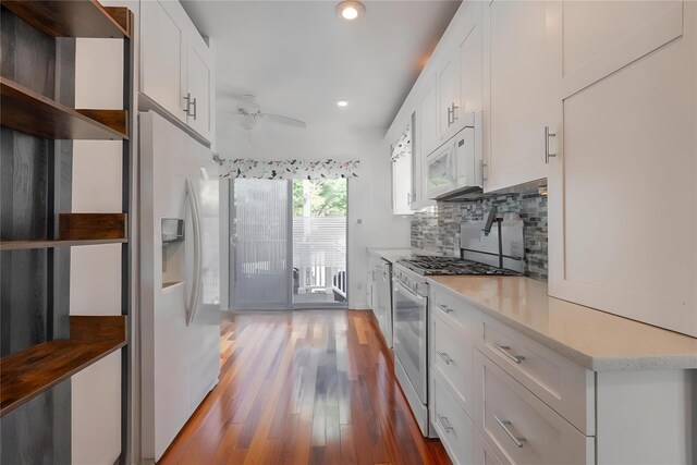 849 E Bay Dr, West Islip, NY 11795 - kitchen featuring white appliances, open shelves, a ceiling fan, white cabinets, and recessed lighting