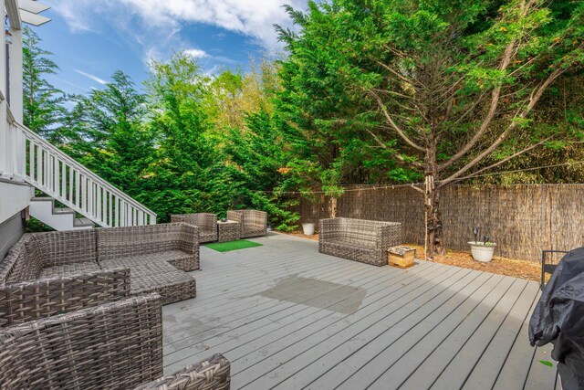 849 E Bay Dr, West Islip, NY 11795 - wooden deck featuring an outdoor living space and stairway