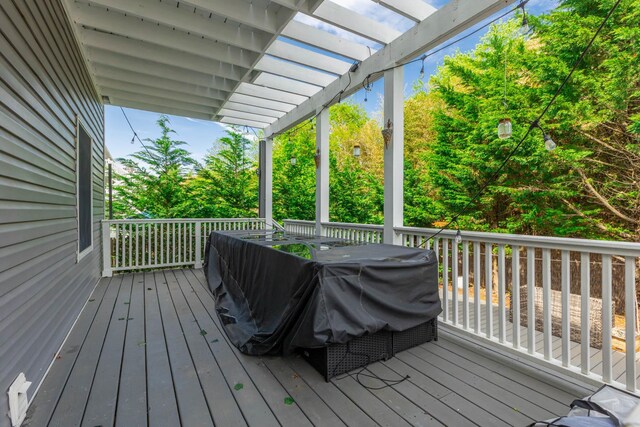 849 E Bay Dr, West Islip, NY 11795 - deck featuring a pergola, view of wooded area, and outdoor dining area
