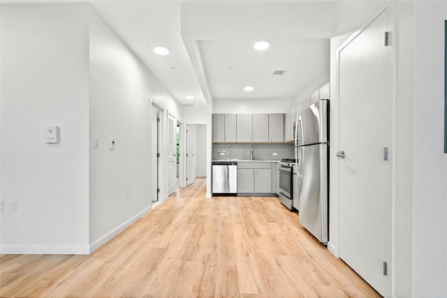 1727 Lacombe Ave Unit 2B, Bronx, NY 10473 - kitchen with appliances with stainless steel finishes, gray cabinetry, light wood-type flooring, backsplash, and recessed lighting
