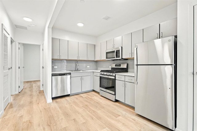 1727 Lacombe Ave Unit 2B, Bronx, NY 10473 - kitchen featuring appliances with stainless steel finishes, light countertops, gray cabinetry, tasteful backsplash, and light wood-style floors