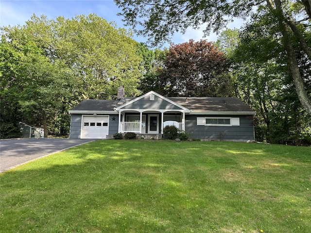 2 Honey Ln W, Miller Place, NY 11764 - ranch-style house featuring a garage, asphalt driveway, covered porch, a chimney, and a front lawn
