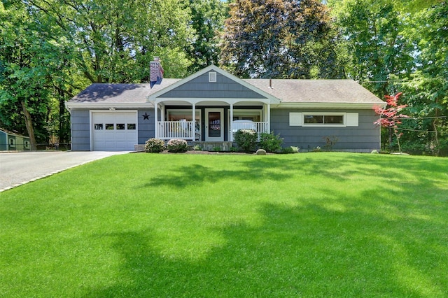 2 Honey Ln W, Miller Place, NY 11764 - ranch-style home with covered porch, a garage, driveway, a chimney, and a front lawn