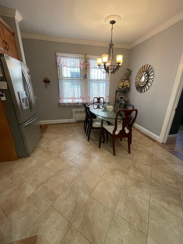 108-41 51st Ave, Corona, NY 11368 - dining room with a chandelier, crown molding, radiator, baseboards, and light tile patterned floors