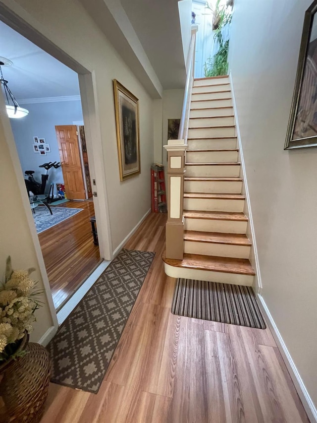 108-41 51st Ave, Corona, NY 11368 - staircase featuring wood finished floors, ornamental molding, and baseboards