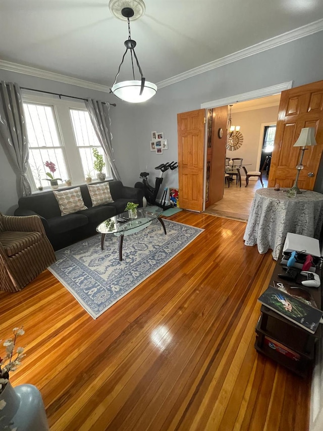108-41 51st Ave, Corona, NY 11368 - living room featuring ornamental molding, wood-type flooring, and a chandelier