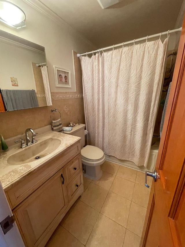 108-41 51st Ave, Corona, NY 11368 - full bathroom with vanity, tile patterned flooring, toilet, shower / bathtub combination with curtain, and ornamental molding