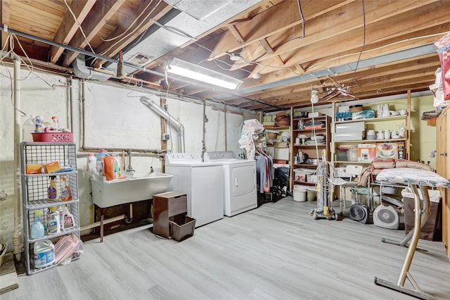 1 Exeter Pl, Glen Head, NY 11545 - unfinished below grade area featuring separate washer and dryer, wood finished floors, and a sink