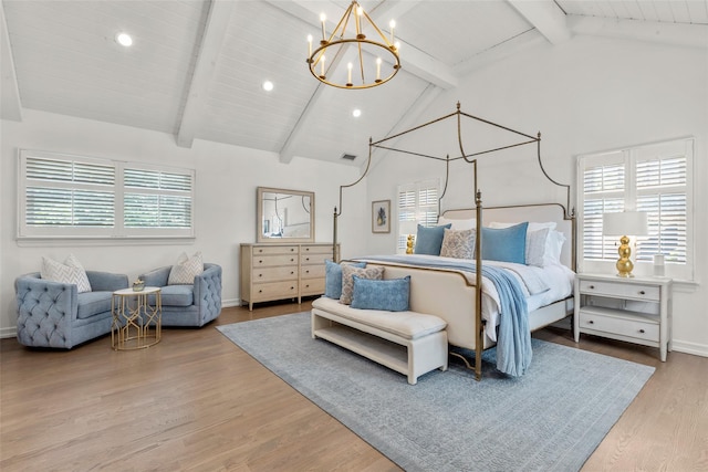 bedroom with a chandelier, beamed ceiling, light wood-style flooring, recessed lighting, and high vaulted ceiling