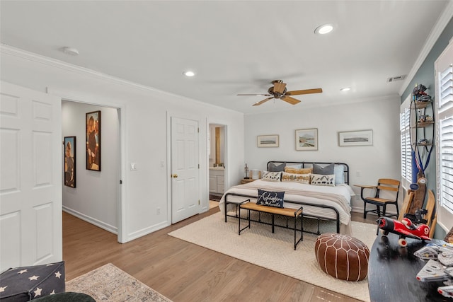 bedroom featuring crown molding, light wood-style flooring, baseboards, recessed lighting, and ceiling fan