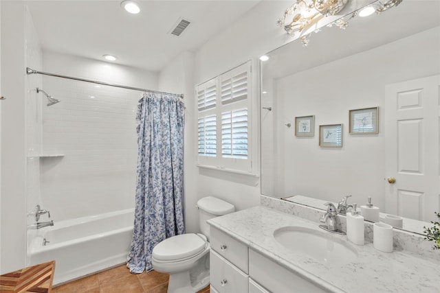 bathroom featuring toilet, shower / bath combo, tile patterned floors, vanity, and recessed lighting