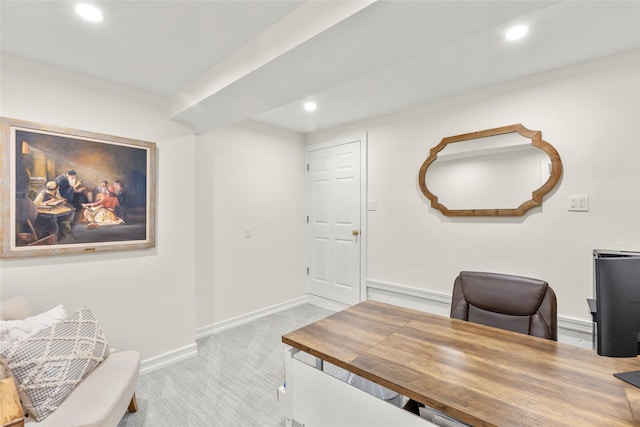 carpeted home office with recessed lighting and baseboards
