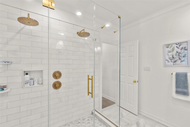 bathroom featuring crown molding, a stall shower, baseboards, and marble look tiles