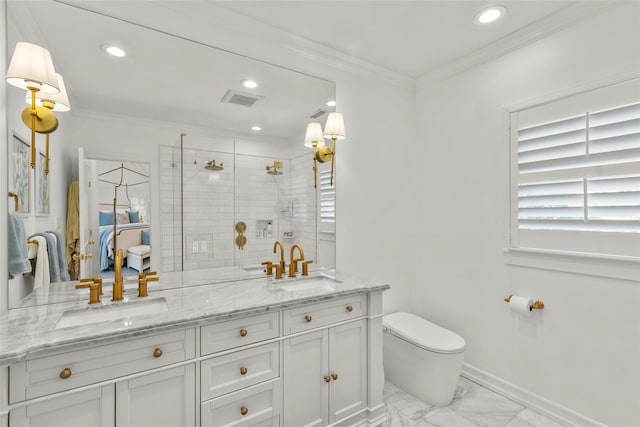 ensuite bathroom featuring marble finish floors, double vanity, a stall shower, crown molding, and toilet