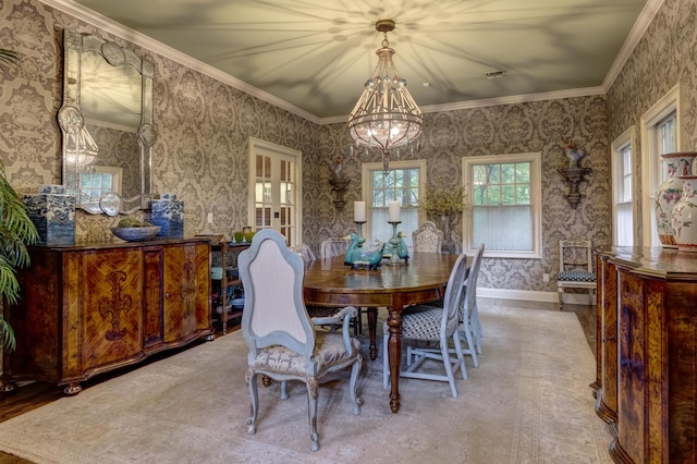 7 Cedar Ln, Glen Cove, NY 11542 - dining room featuring wallpapered walls, a chandelier, and crown molding