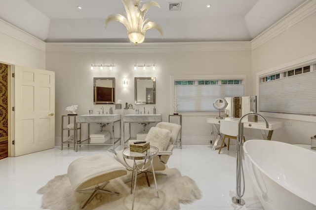 7 Cedar Ln, Glen Cove, NY 11542 - full bathroom with a freestanding tub, tile patterned flooring, a tray ceiling, and ornamental molding