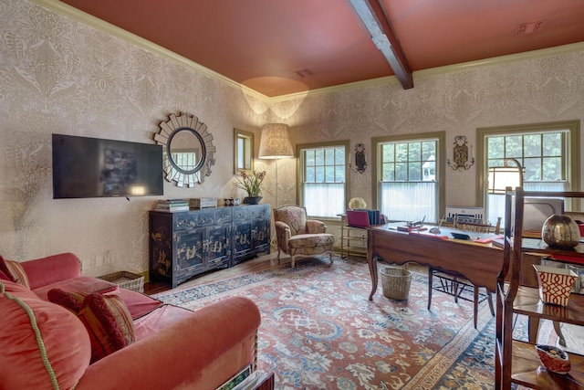 7 Cedar Ln, Glen Cove, NY 11542 - office space with beam ceiling, crown molding, wood finished floors, and wallpapered walls