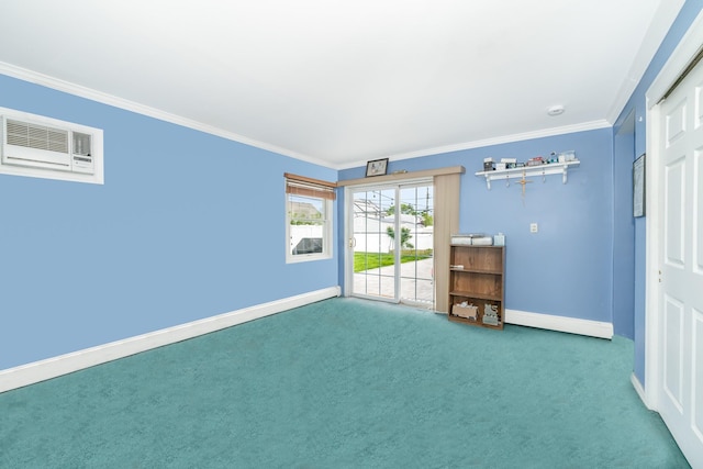 29 Water Ln N, Levittown, NY 11756 - empty room featuring carpet floors, baseboards, ornamental molding, and an AC wall unit