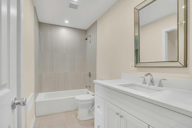 full bath featuring toilet, vanity, and bathing tub / shower combination