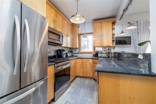 630 W Chester St, Long Beach, NY 11561 - kitchen featuring appliances with stainless steel finishes, a sink, open shelves, backsplash, and light wood-style flooring