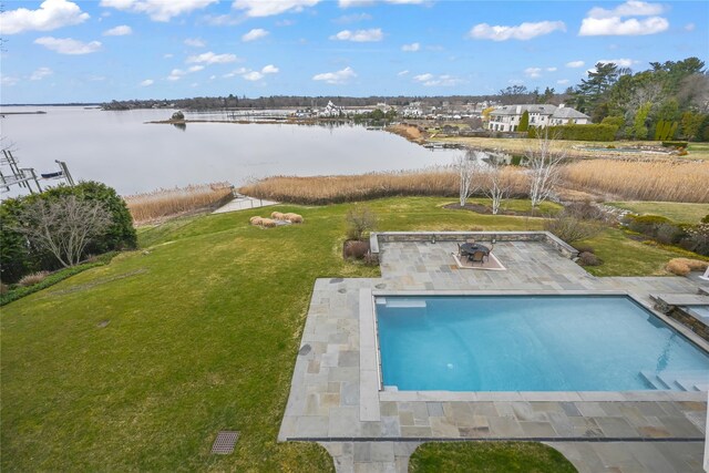 52 Carriglea Dr, Call Listing Agent, CT 06878 - swimming pool with a water view, a patio, and a yard