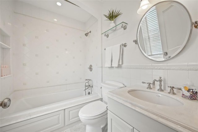 52 Carriglea Dr, Call Listing Agent, CT 06878 - full bathroom featuring toilet, vanity, shower / washtub combination, and tile walls