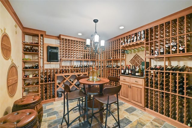 52 Carriglea Dr, Call Listing Agent, CT 06878 - wine area with stone tile flooring, a chandelier, and recessed lighting