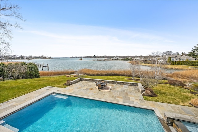 52 Carriglea Dr, Call Listing Agent, CT 06878 - swimming pool with a water view, a patio, and a lawn