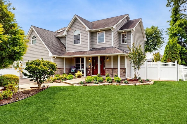 5 Long House Way, Commack, NY 11725 - view of front of house with covered porch, a shingled roof, and stone siding