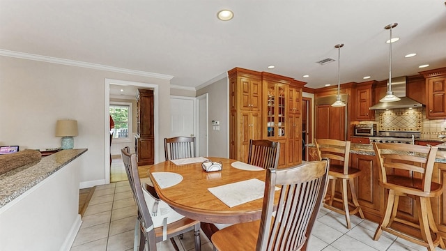 5 Long House Way, Commack, NY 11725 - dining space with light tile patterned floors, recessed lighting, baseboards, and crown molding