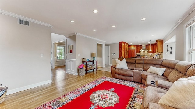 5 Long House Way, Commack, NY 11725 - living room with ornamental molding, light wood-style floors, recessed lighting, and baseboards