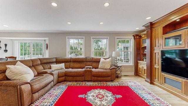 5 Long House Way, Commack, NY 11725 - living room with light wood finished floors, ornamental molding, and recessed lighting