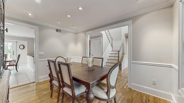 5 Long House Way, Commack, NY 11725 - dining area with stairway, wainscoting, light wood-style flooring, ornamental molding, and recessed lighting