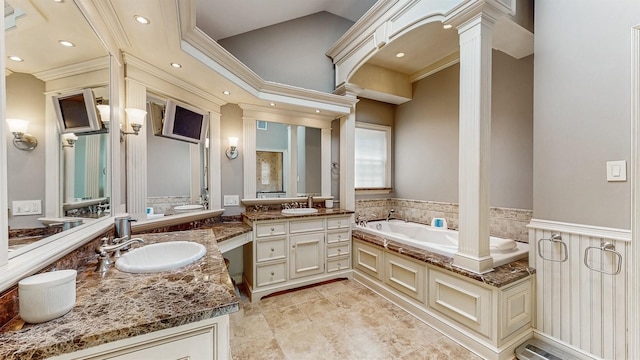 5 Long House Way, Commack, NY 11725 - full bath with ornate columns, a bath, two vanities, ornamental molding, and recessed lighting