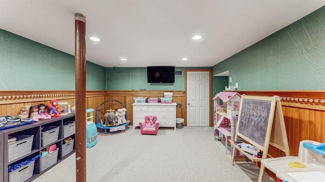 5 Long House Way, Commack, NY 11725 - recreation room with carpet flooring, a wainscoted wall, and recessed lighting