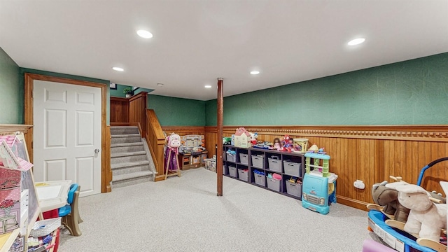 5 Long House Way, Commack, NY 11725 - recreation room with a wainscoted wall, carpet floors, recessed lighting, and wooden walls