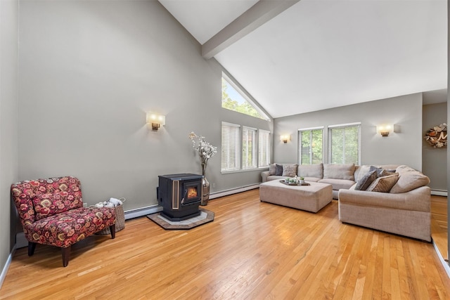 30 Apple Hill Dr, Cortlandt Manor, NY 10567 - living room with a wood stove, high vaulted ceiling, light wood-style flooring, healthy amount of natural light, and a baseboard heating unit