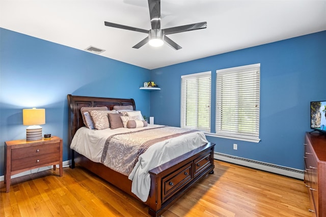 30 Apple Hill Dr, Cortlandt Manor, NY 10567 - bedroom with baseboard heating, light wood-style floors, baseboards, and ceiling fan