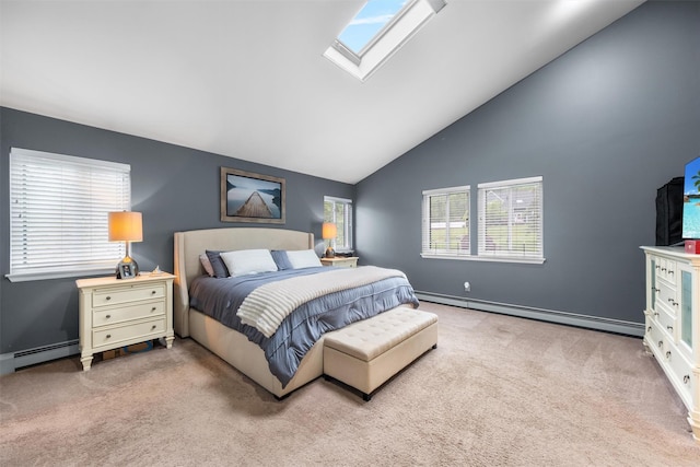 30 Apple Hill Dr, Cortlandt Manor, NY 10567 - bedroom with a baseboard heating unit, carpet floors, a skylight, and high vaulted ceiling