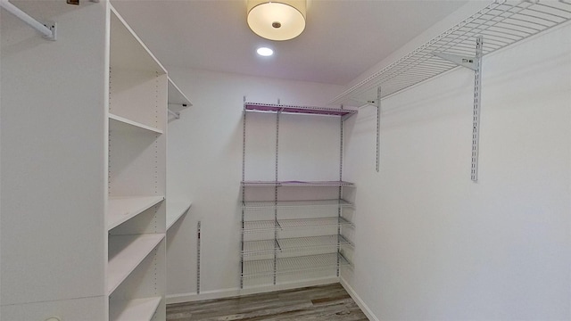 walk in closet with wood finished floors