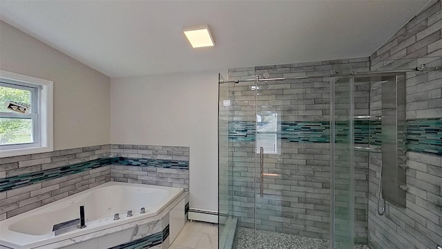 full bathroom with a stall shower, marble look tile flooring, a baseboard radiator, a tub with jets, and tile walls