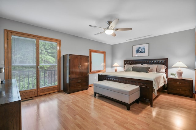 bedroom featuring light wood-type flooring, ceiling fan, and access to exterior