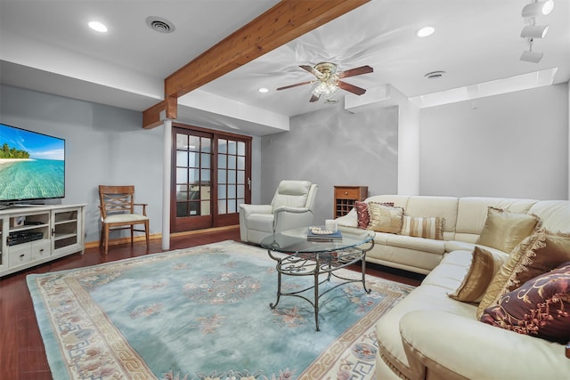 living room with beam ceiling, ceiling fan, recessed lighting, and wood finished floors