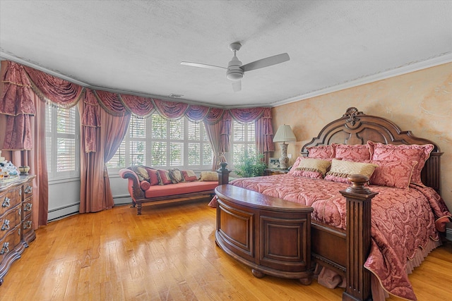 4 Point Cres, Malba, NY 11357 - bedroom with a textured ceiling, light wood-style flooring, baseboard heating, ornamental molding, and ceiling fan