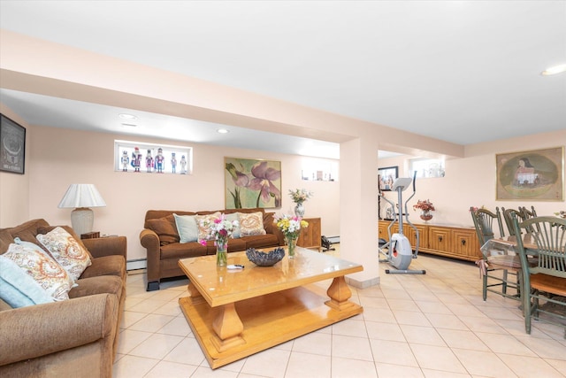 4 Point Cres, Malba, NY 11357 - living area featuring a baseboard radiator, light tile patterned floors, and recessed lighting